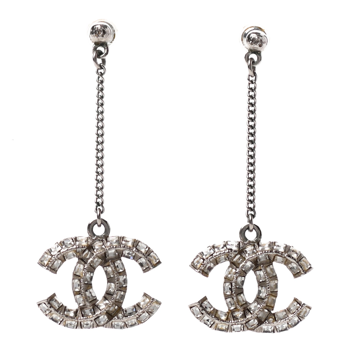 Chanel Baguette Crystal CC Drop Earrings Silver 1 of 4