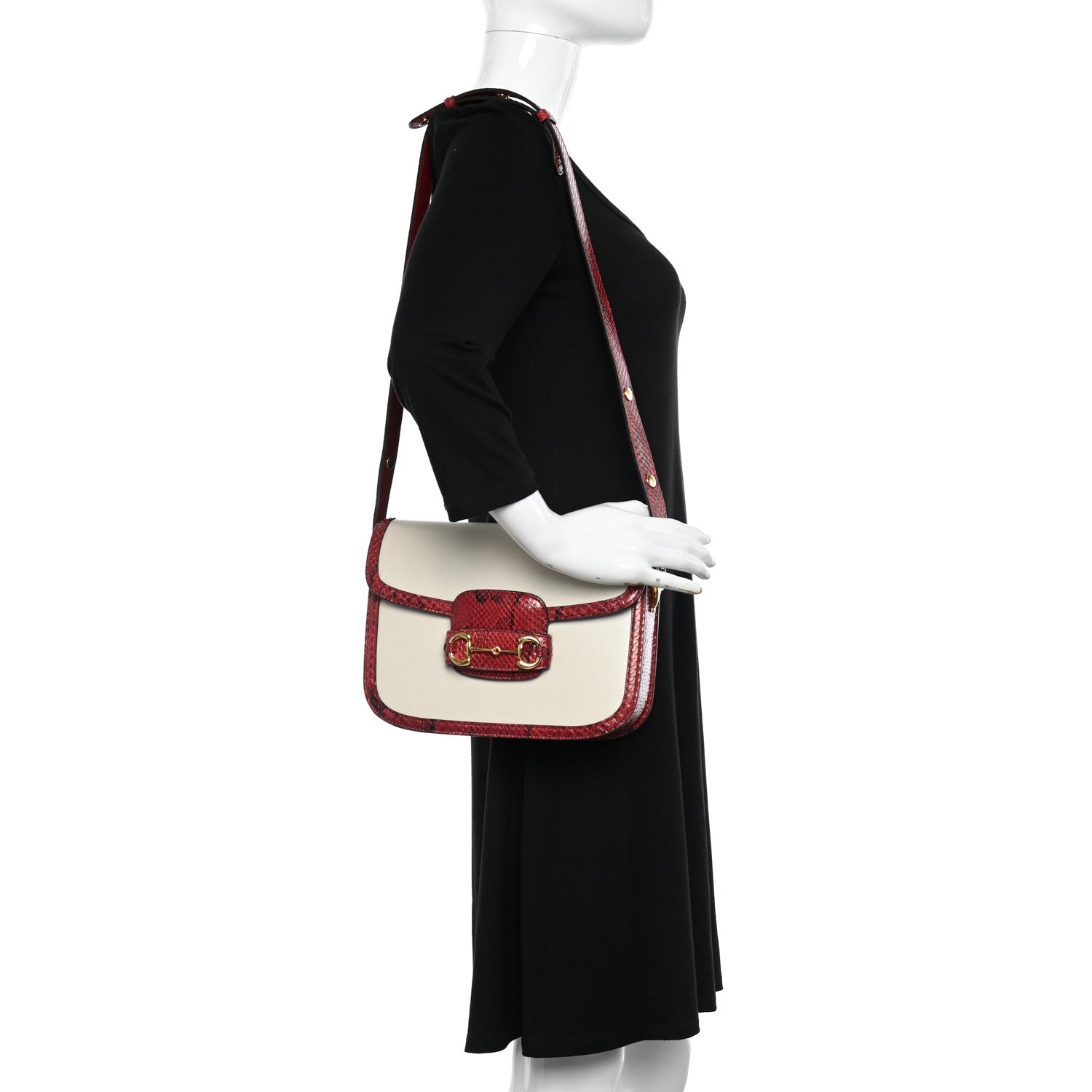 Gucci Azalea Calfskin Snakeskin Horsebit 1955 Shoulder Bag Mystic White Red 2 of 10