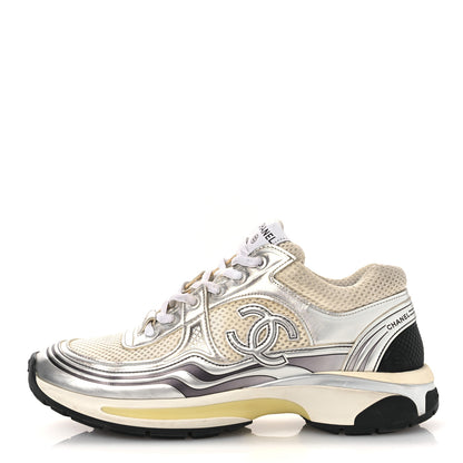 Chanel Fabric Laminated Calfskin Stretch CC Womens Sneakers 38.5 White Gold Silver 1 of 15