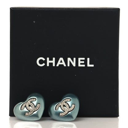 Chanel Pearl Crystal CC Heart Earrings Blue Gold 5 of 5