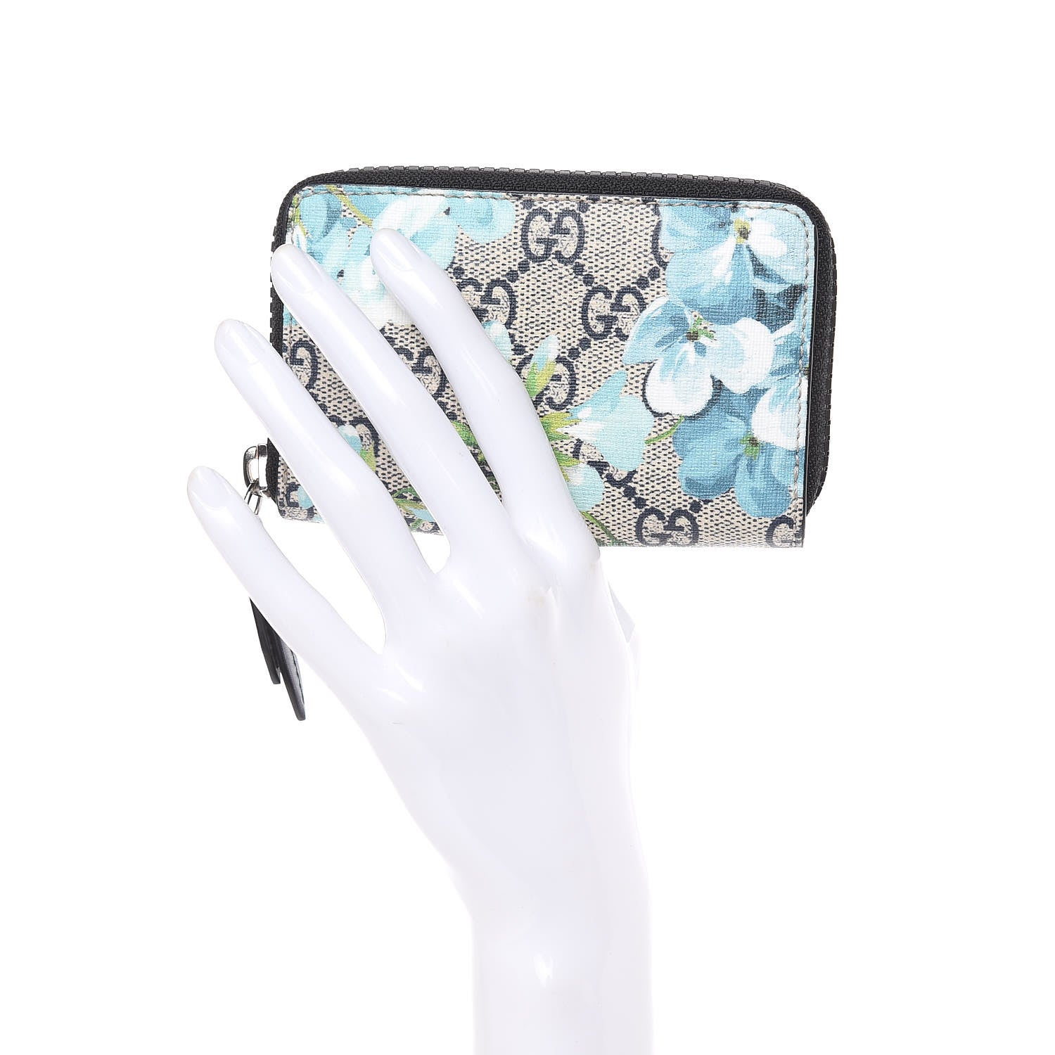 Gucci GG Supreme Monogram Blooms Zip Around Card Case Wallet Beige Blue Navy 2 of 7