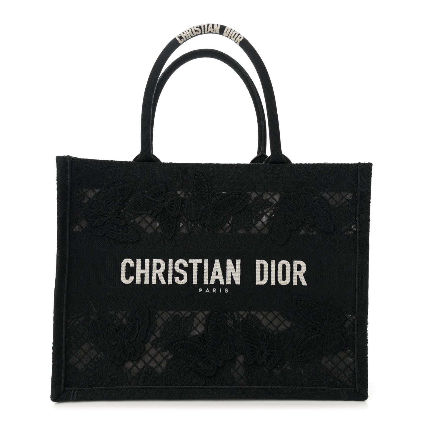 Embroidered 3D Macrame D-Lace Butterfly Medium Book Tote Black Multicolor