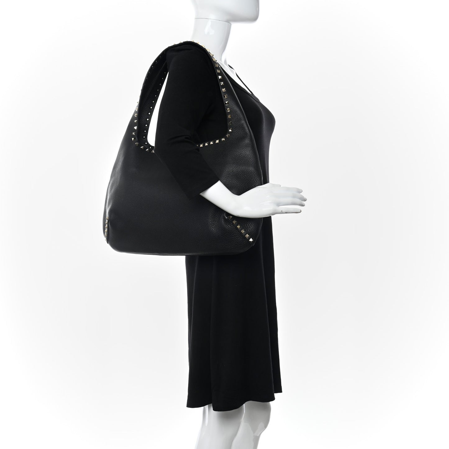 Grained Calfskin Large Rockstud Hobo Black