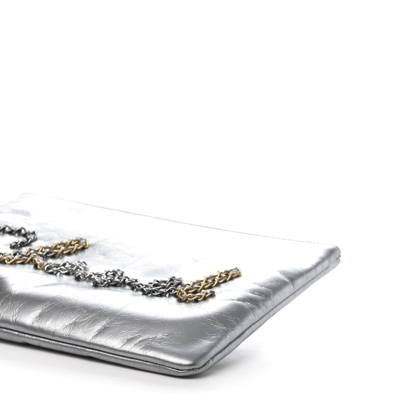 Metallic Crumpled Calfskin Chain 20s Signature Pouch Silver
