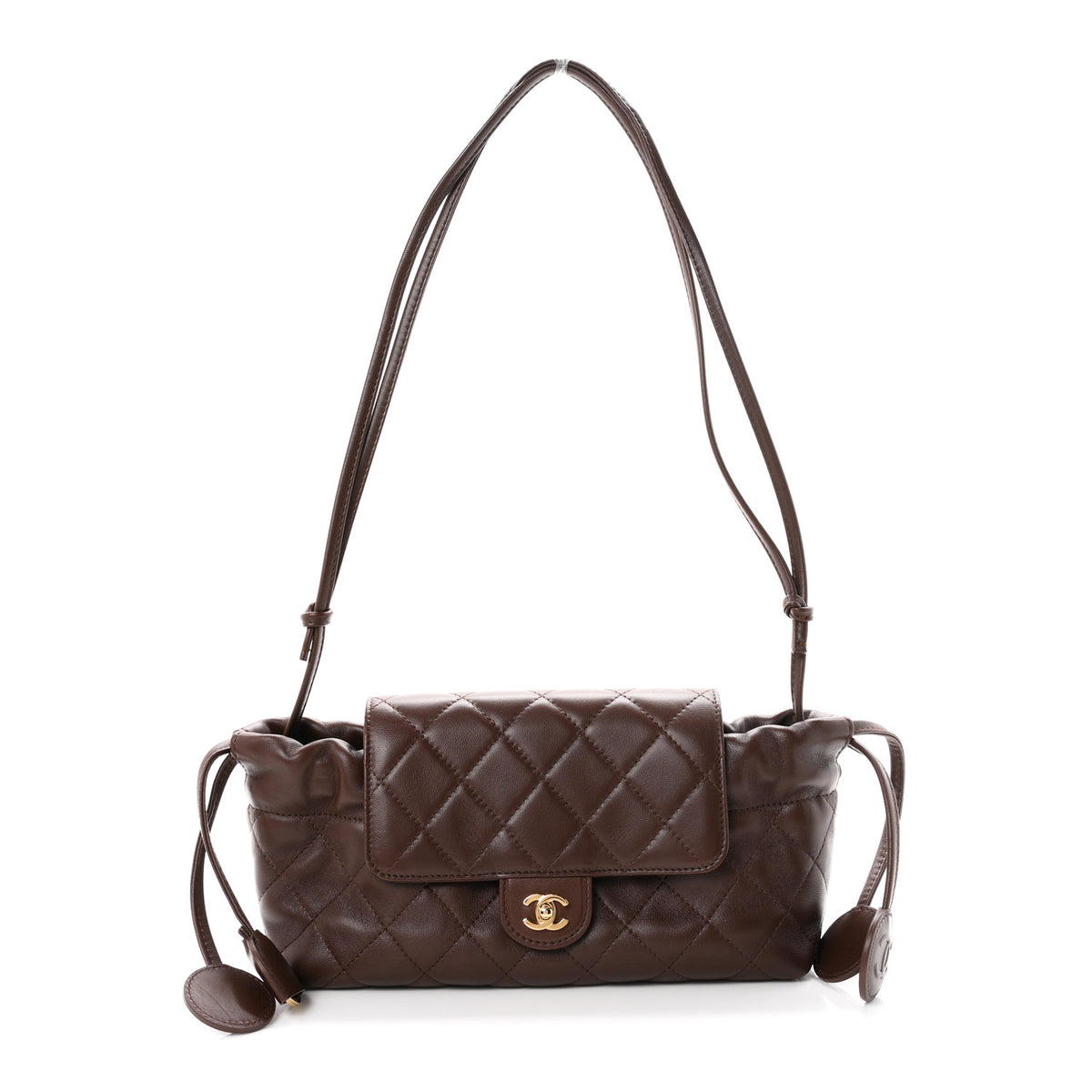 Lambskin Quilted CC Drawstring Flap Clutch With Strap Brown