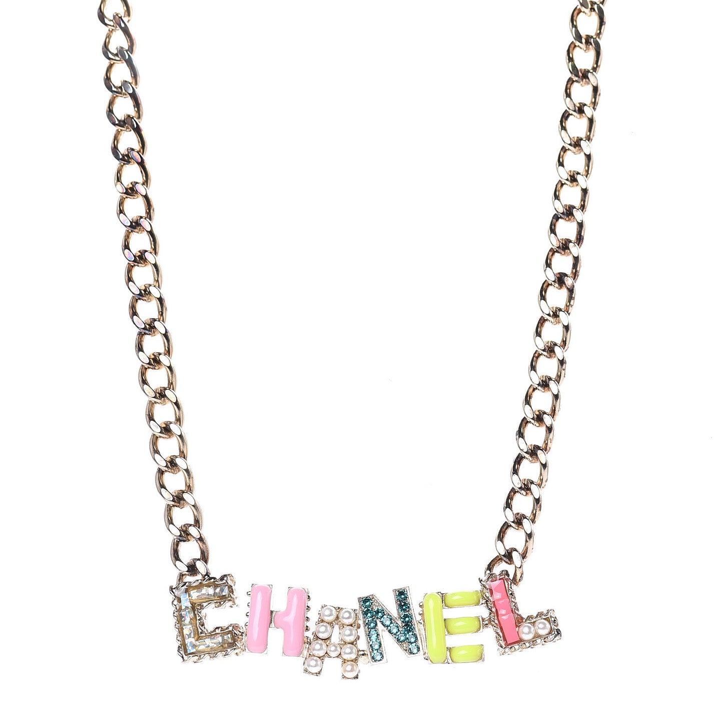 Crystal Enamel Pearl CC Logo Chain Choker Gold Multicolor