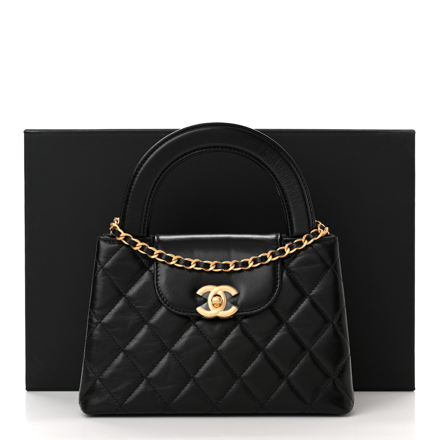 Chanel Shiny Aged Calfskin Quilted Nano Kelly Shopper Black