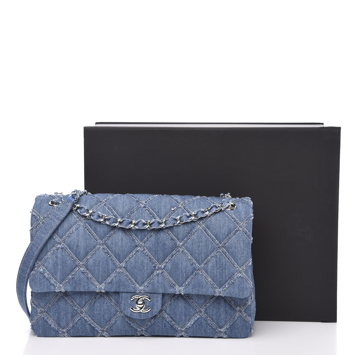 Chanel Frayed Denim Quilted Large Blue Chip Flap Blue 11 of 11