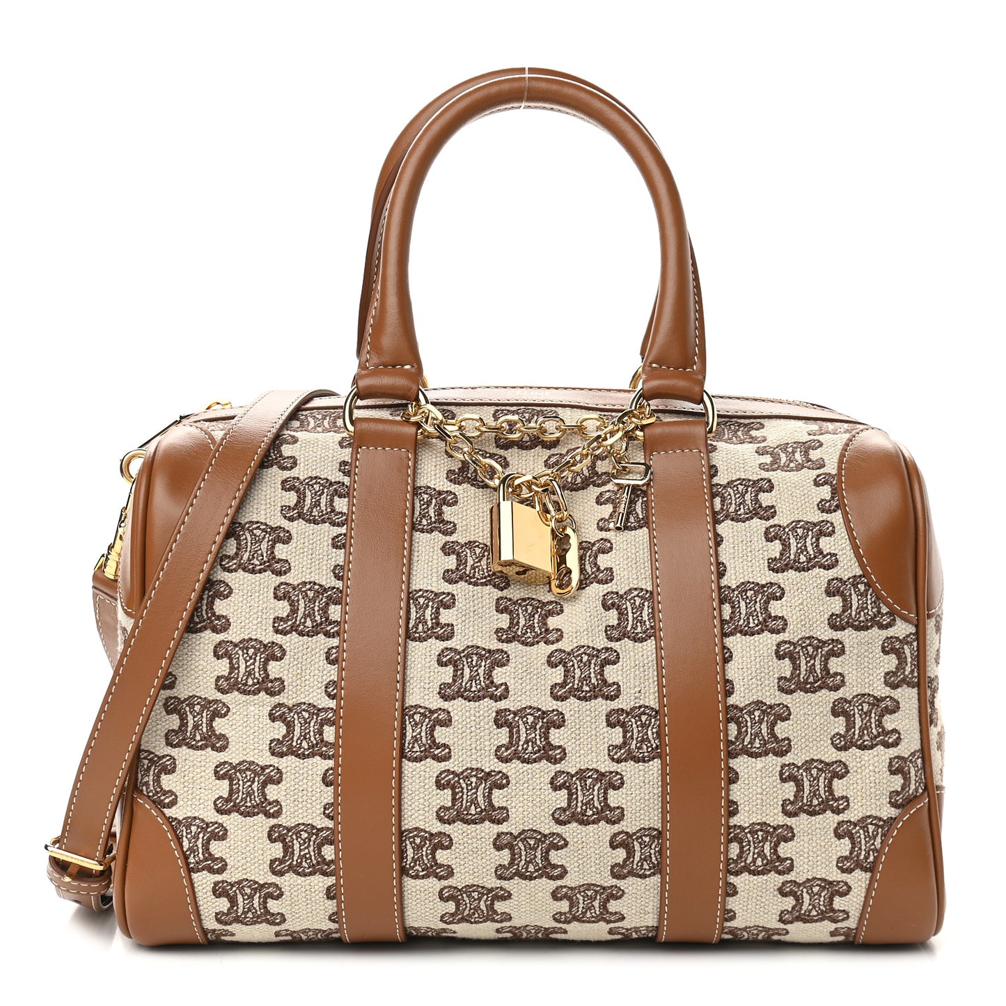 Triomphe Textile Calfskin Small Boston Bag Brown