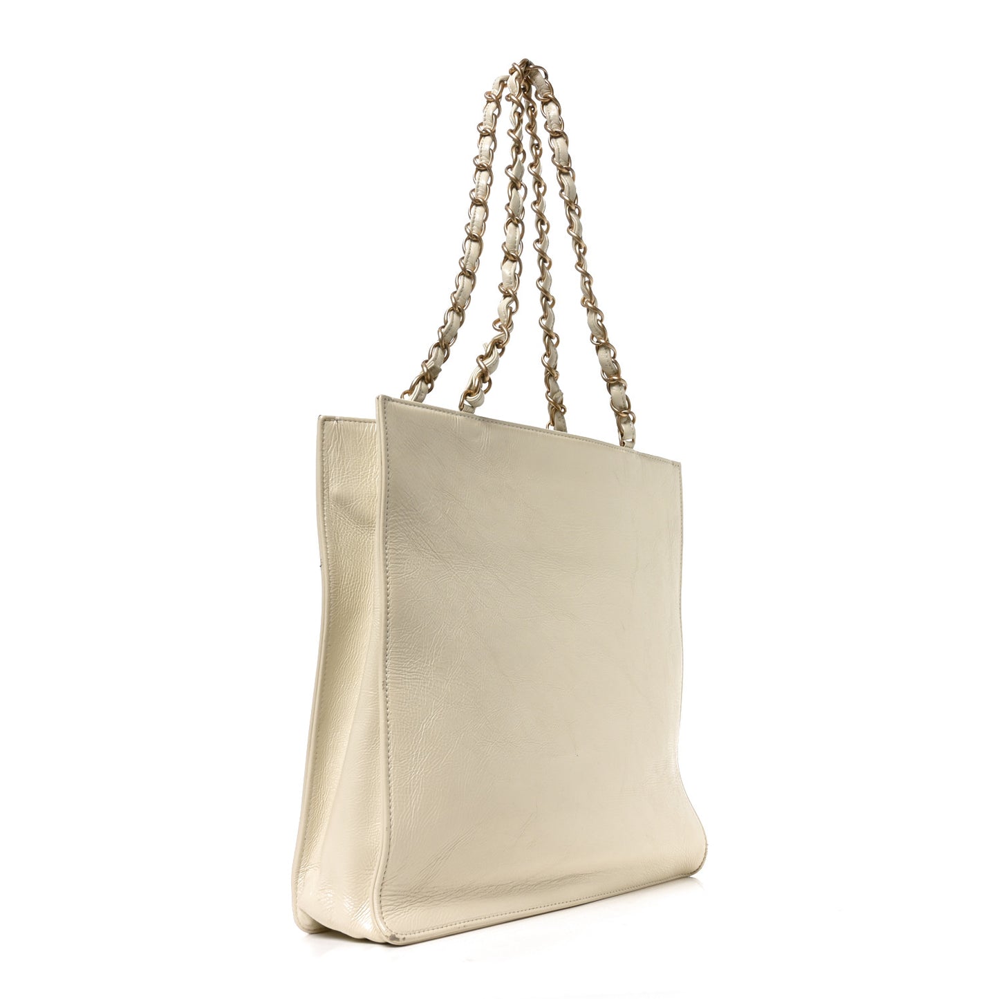 Shiny Aged Calfskin North South Shopping Bag White