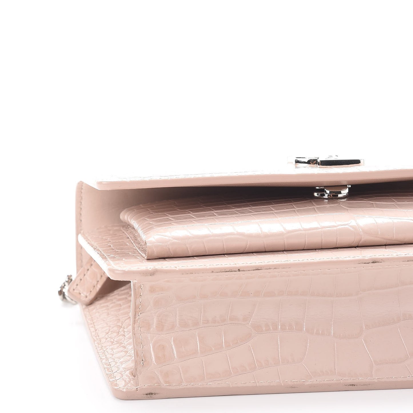 Calfskin Crocodile Embossed Monogram Sunset Chain Wallet Soft Nude
