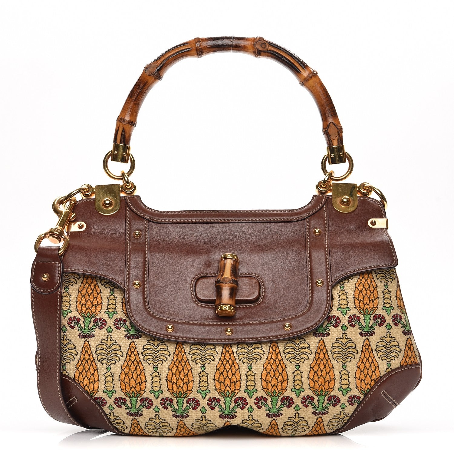 Gucci Canvas Pigna Print Peggy Bamboo Top Handle Bag Brown 1 of 11