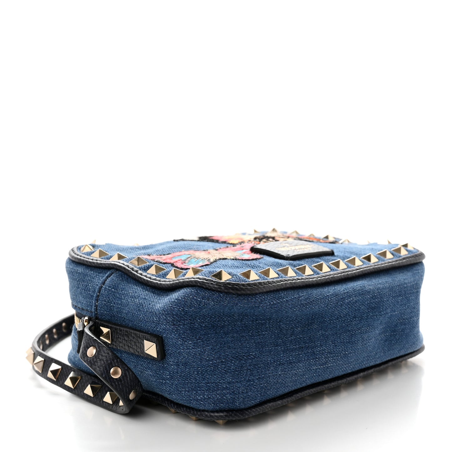 Denim Butterfly Embroidered Rockstud Camera Crossbody Bag Light Denim Multicolor
