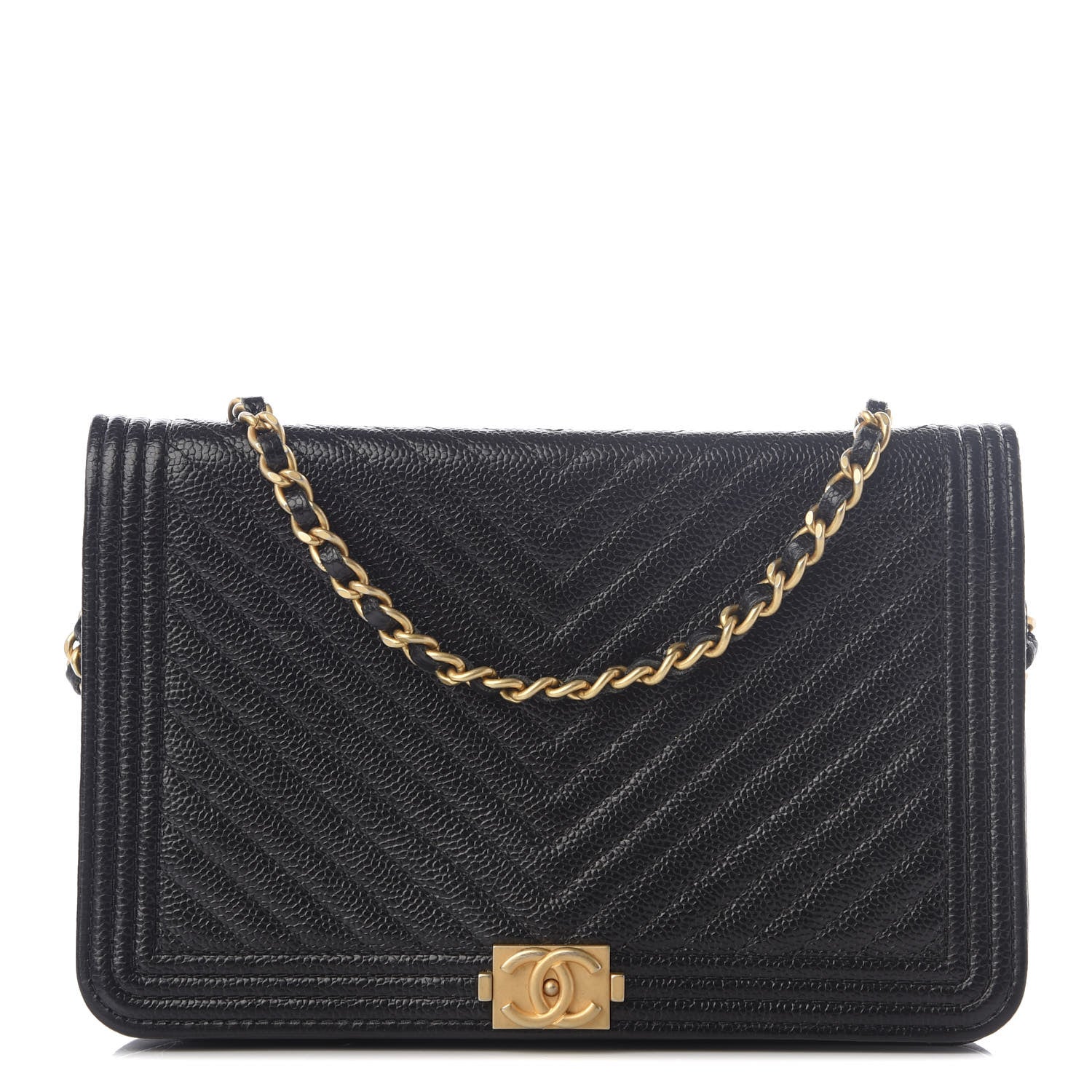 Chanel Caviar Chevron Quilted Boy Wallet On Chain WOC Black 1 of 10