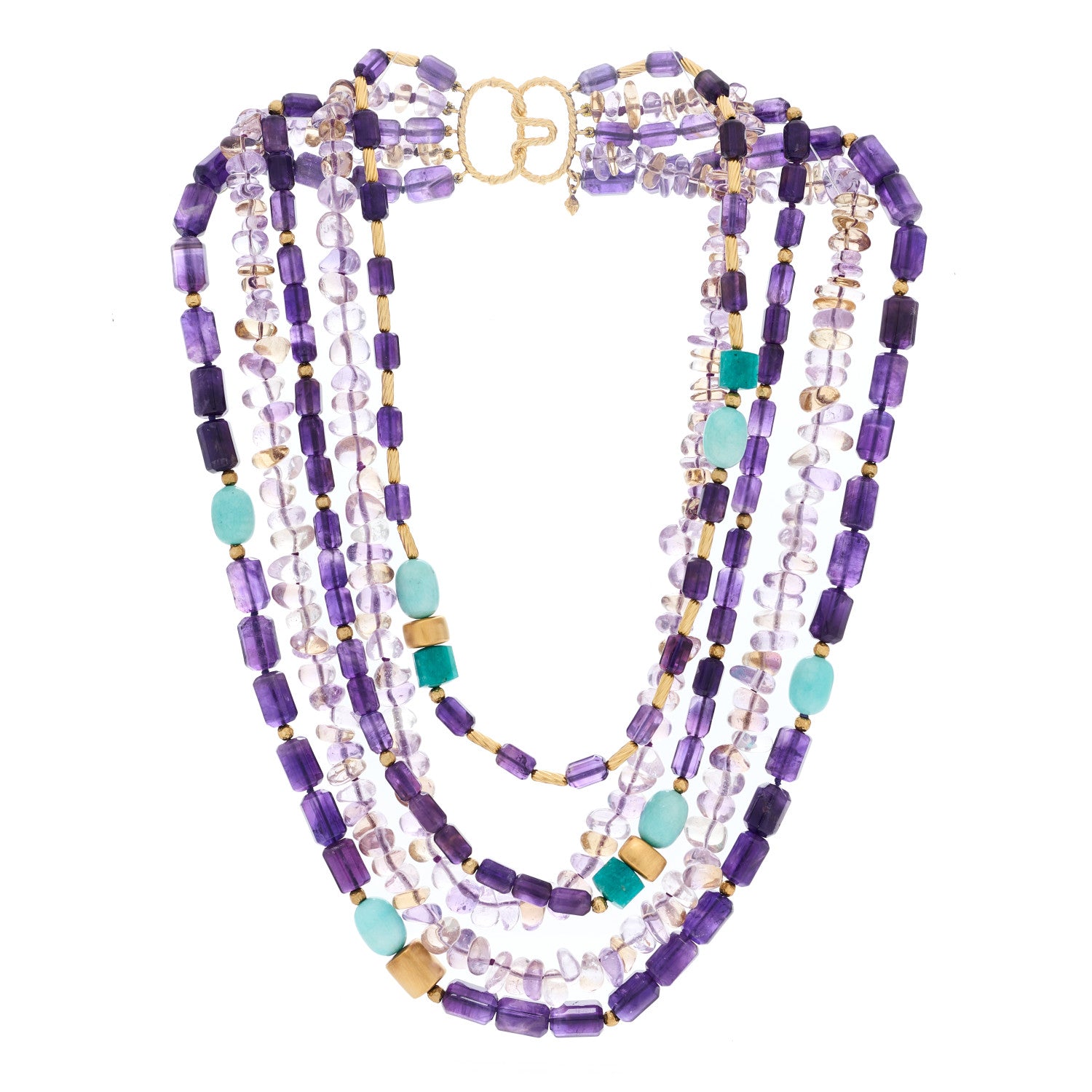 David Yurman 18K Yellow Gold Amethyst Amazonite Citrine Smoky Quartz Signature Multi Strand Necklace 2 of 5