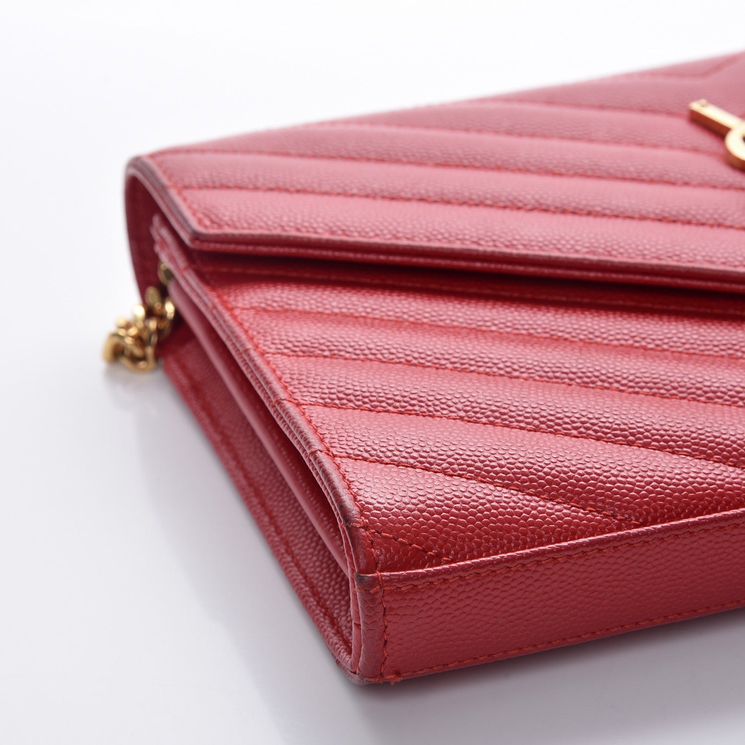 Saint Laurent Grain De Poudre Matelasse Chevron Monogram Chain Wallet New Red 10 of 12