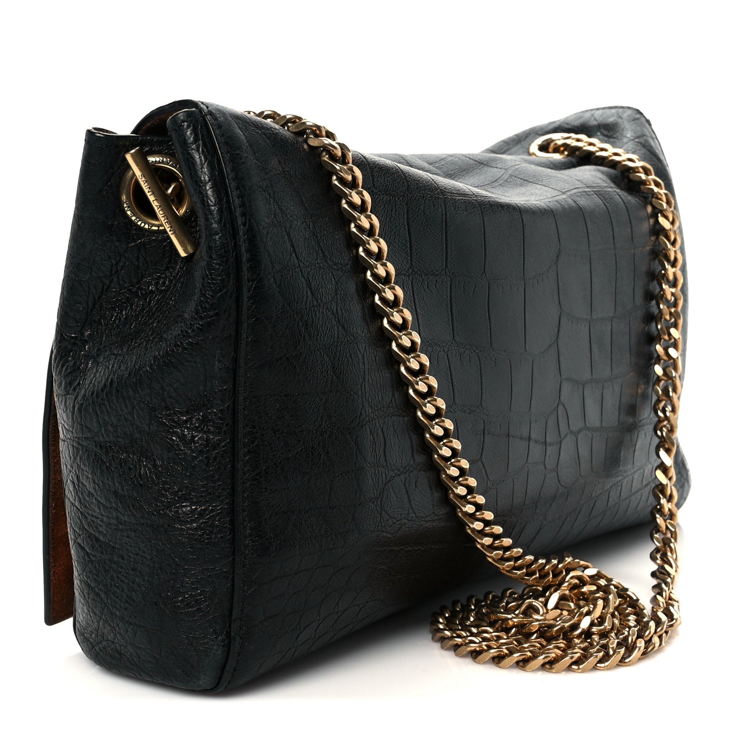 Calfskin Crocodile Embossed Suede Medium Reversible Monogram Kate Satchel Military Taupe
