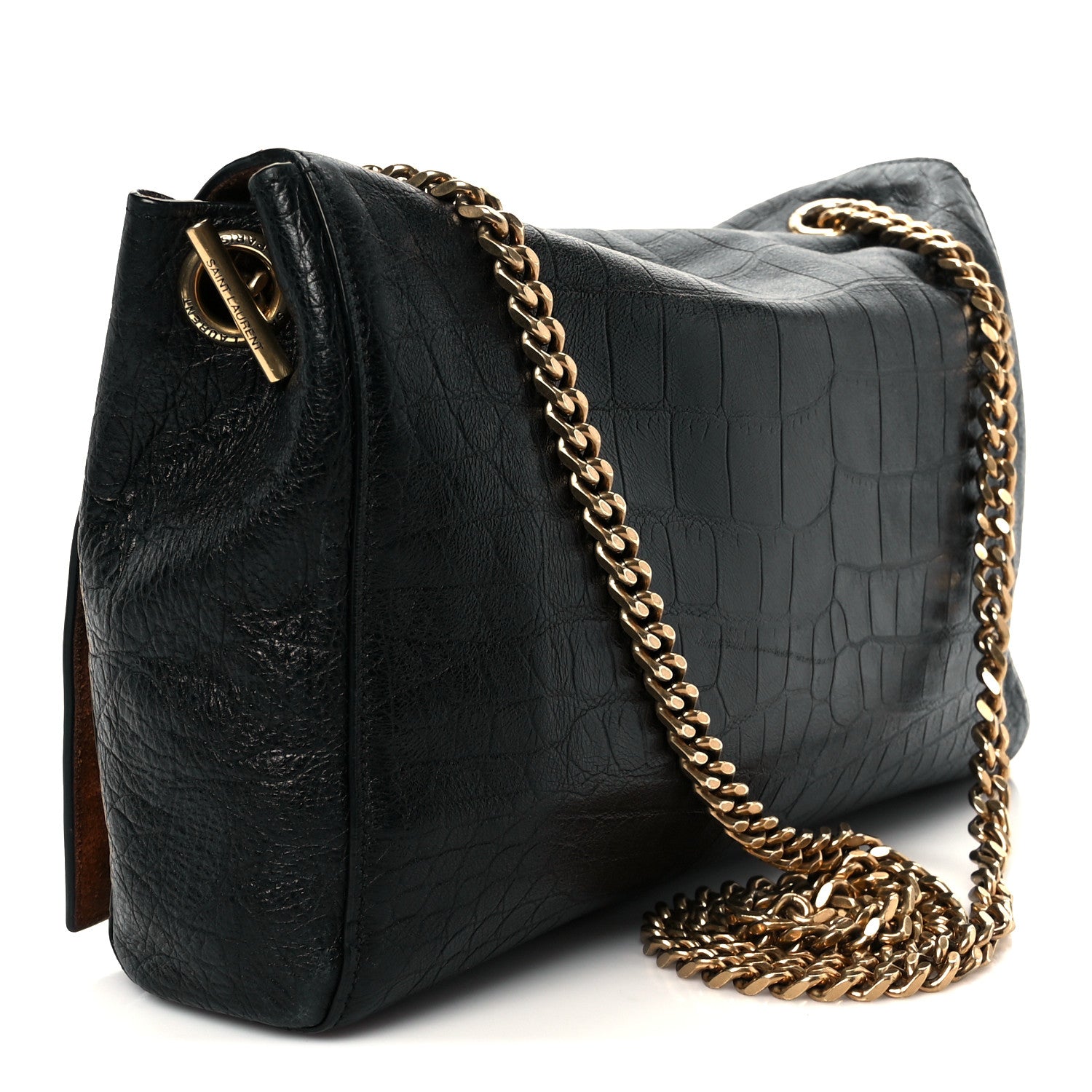 Saint Laurent Calfskin Crocodile Embossed Suede Medium Reversible Monogram Kate Satchel Military Taupe 4 of 17