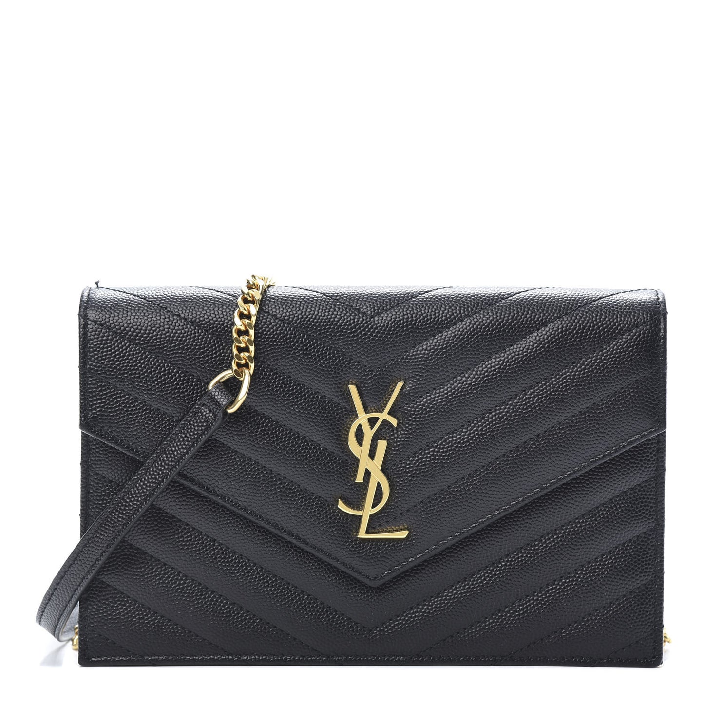 Grain De Poudre Matelasse Chevron Monogram Envelope Chain Wallet Black