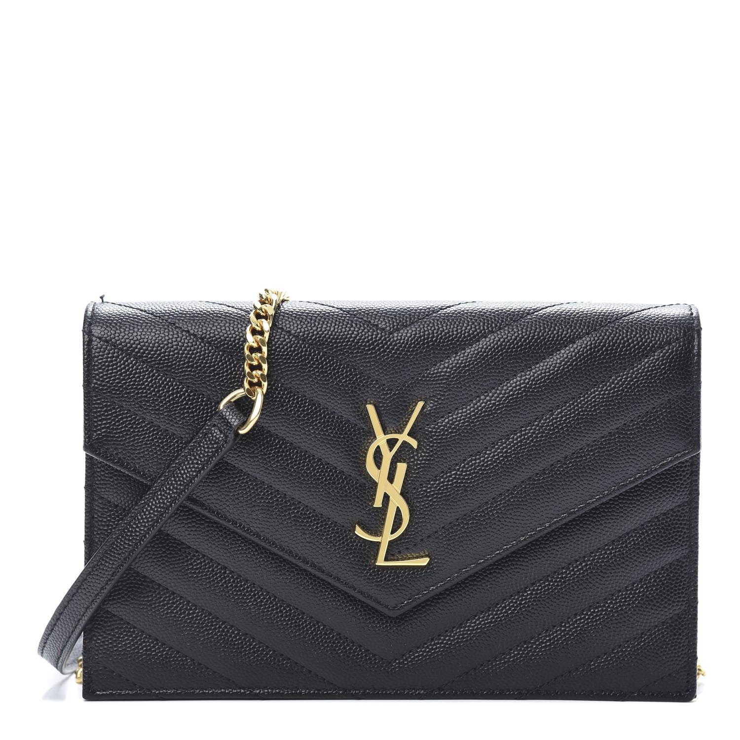 Saint Laurent Grain De Poudre Matelasse Chevron Monogram Envelope Chain Wallet Black 1 of 13