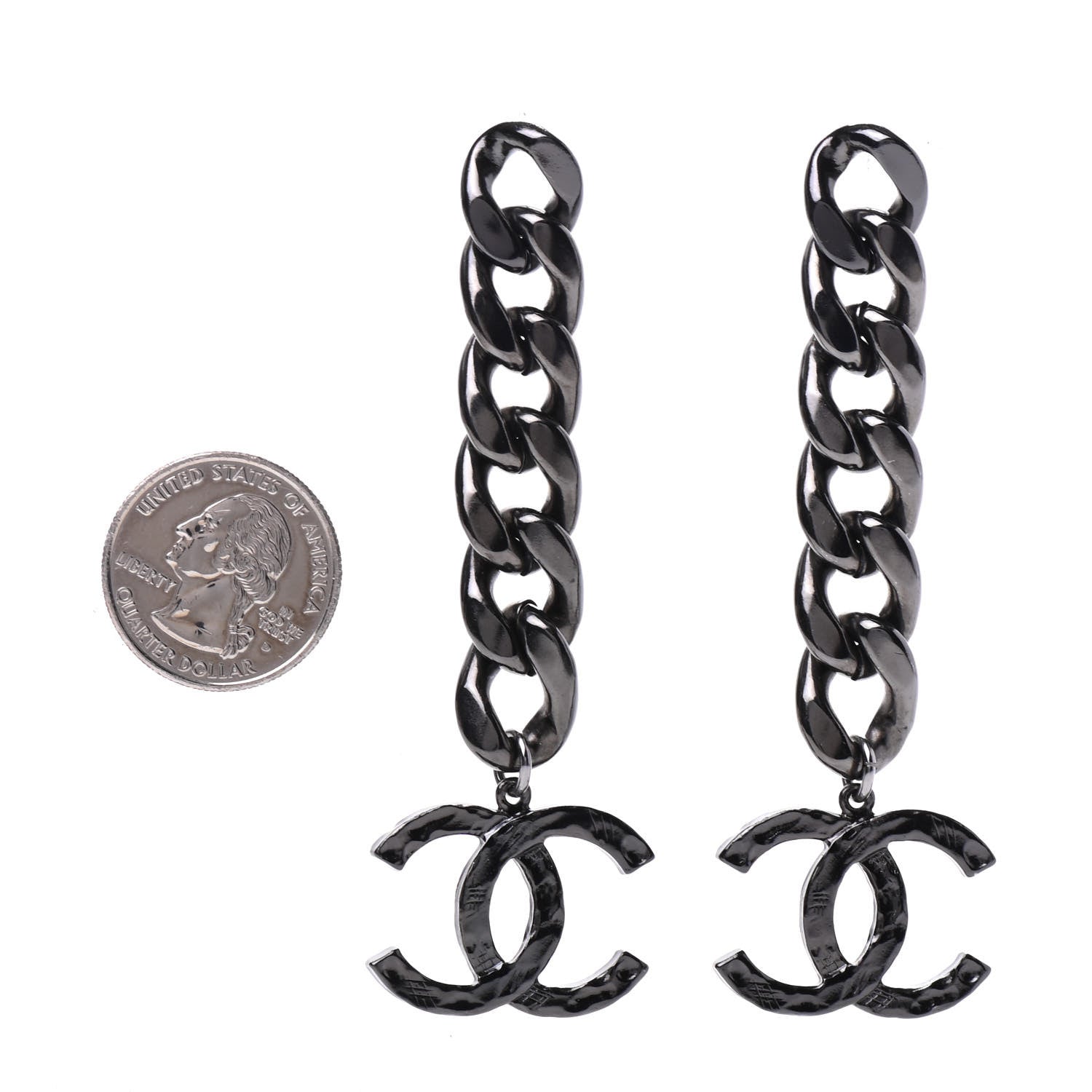 Chanel Metal CC Pick Drop Earrings Ruthenium 2 of 5