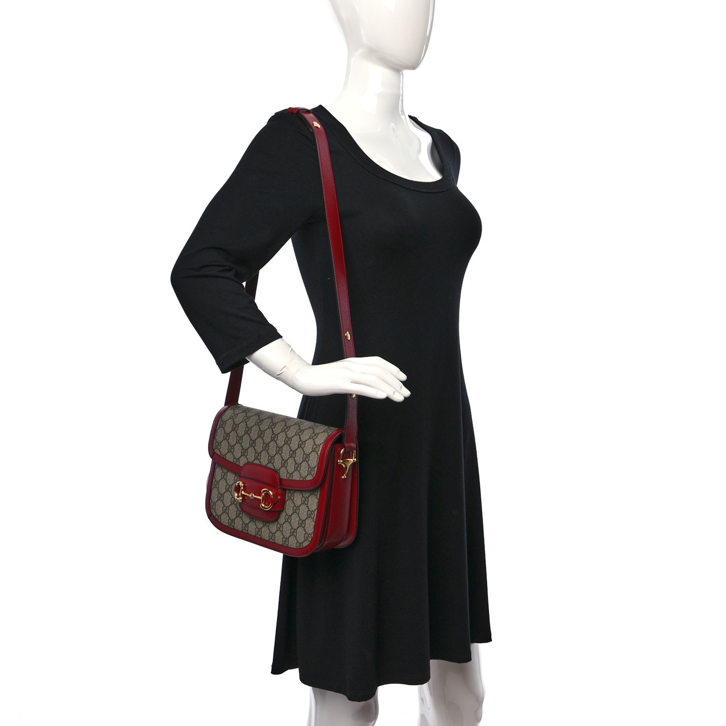 GG Supreme Monogram Azalea Calfskin Horsebit 1955 Shoulder Bag Beige Ebony New Cherry Red
