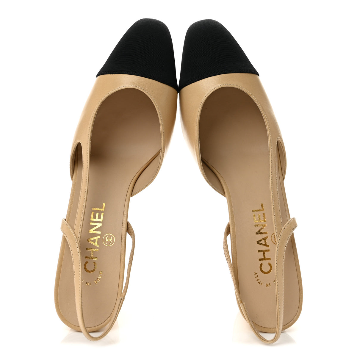 Chanel Goatskin Grosgrain Cap Toe CC Slingback Pumps 38.5 Beige Black 2 of 9