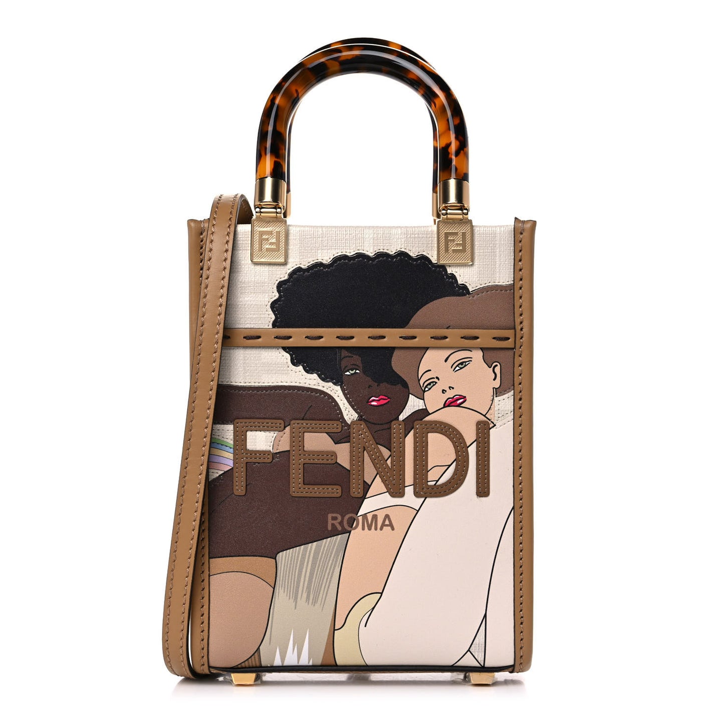Glazed Fabric Plexiglass FF Logo Bikini Girls Mini Fendi Sunshine Shopper Tote Bianco Perla Multicolor Miele Scuro