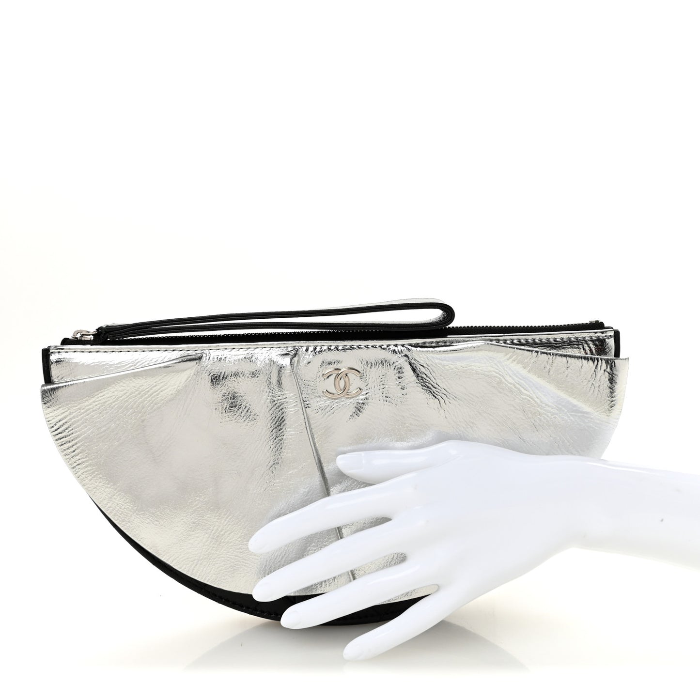 Metallic Lambskin Wave Clutch Black Silver