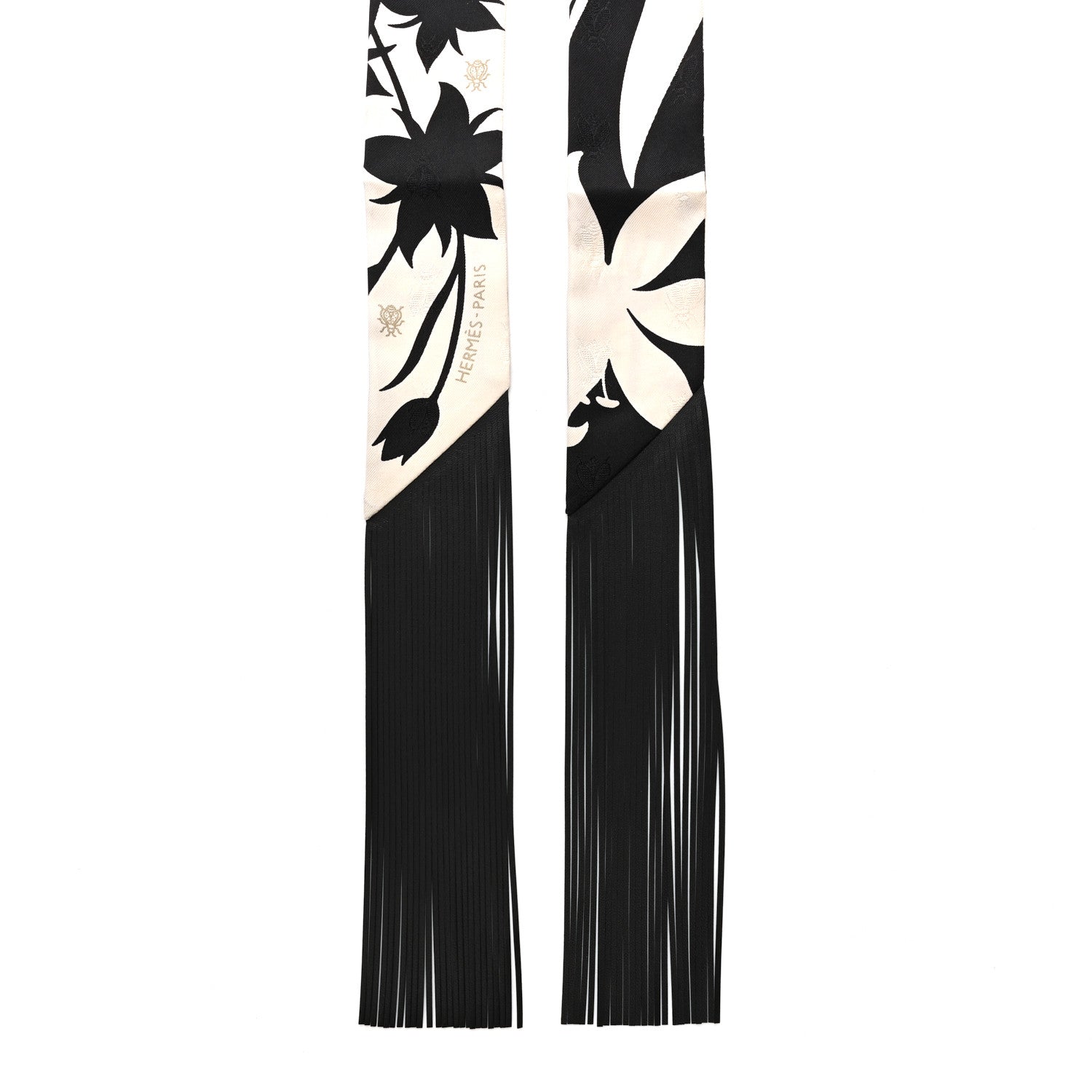 Hermes Silk Calfskin Bouquet Final Fringed Twilly Creme Black 2 of 4