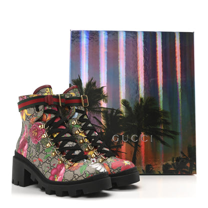 Gucci GG Supreme Monogram Flora Lace Up Combat Ankle Boots 37.5 Beige Multicolor Red 18 of 18