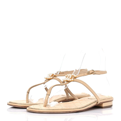 Chanel Lambskin Quilted Pearl CC Thong Sandals 38 Beige 3 of 8