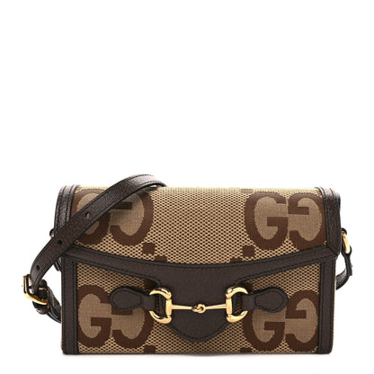 Gucci Monogram Jumbo GG Textured Dollar Calfskin Mini Horsebit 1955 Shoulder Bag Camel Ebony New Acero 1 of 10