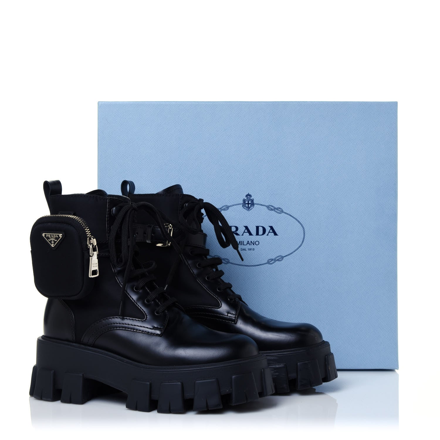 Prada Spazzolato Rois Nylon Metal Triangle Logo Monolith Pouch Pocket 55mm Boots 37 Black 8 of 8