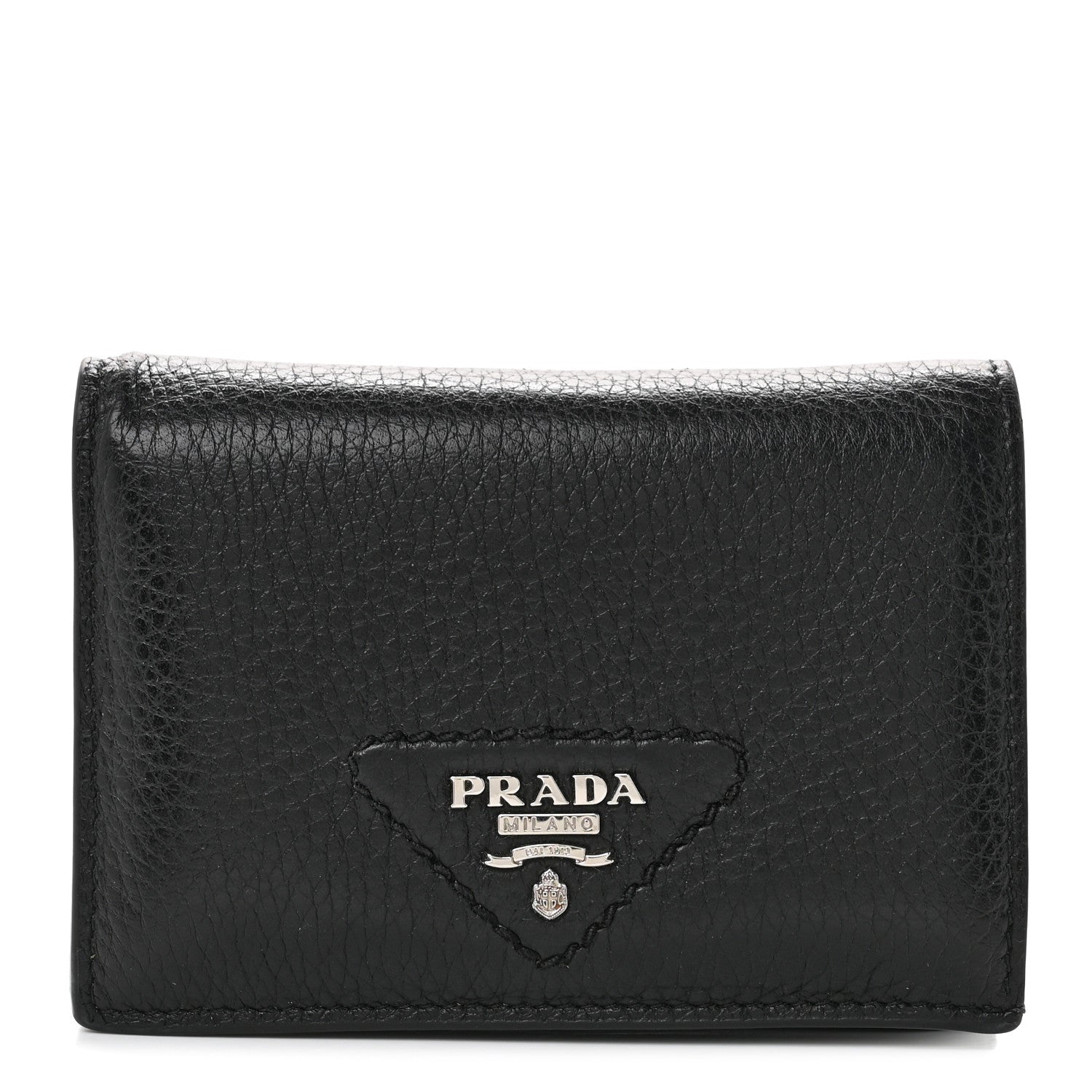 Prada Vitello Daino Triangle Bi-Fold Card Holder Wallet Black 1 of 7