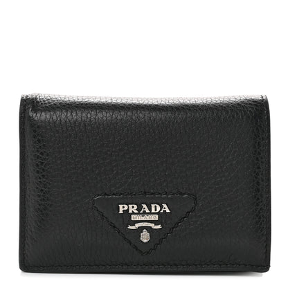 Prada Vitello Daino Triangle Bi-Fold Card Holder Wallet Black 1 of 7