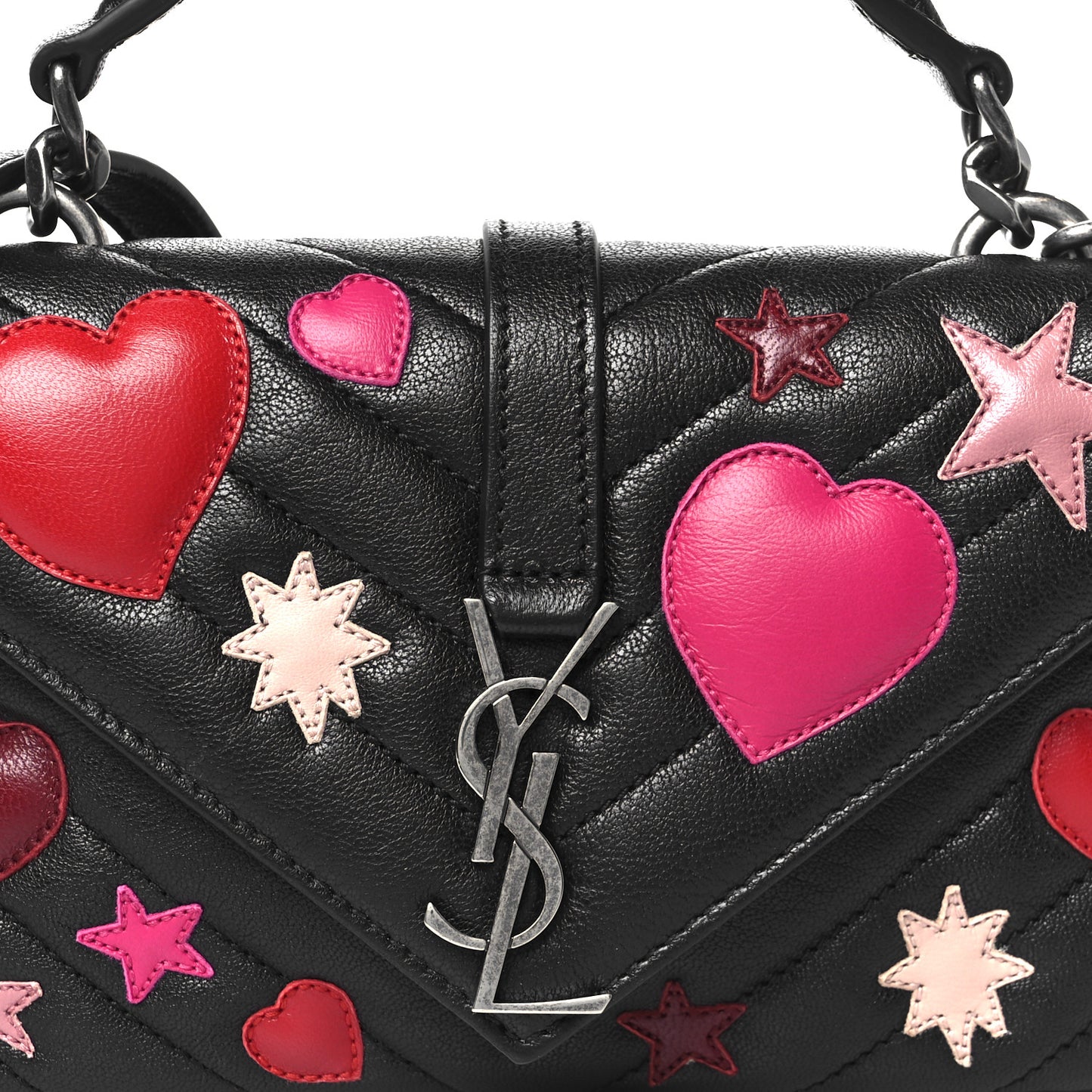 Calfskin Matelasse Chevron Heart Patchwork Monogram College Chain Wallet Black
