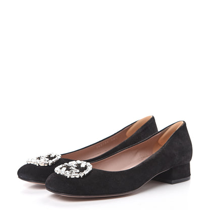 Gucci Suede Crystal Interlocking G Low Heel Pumps 38.5 Black 3 of 9