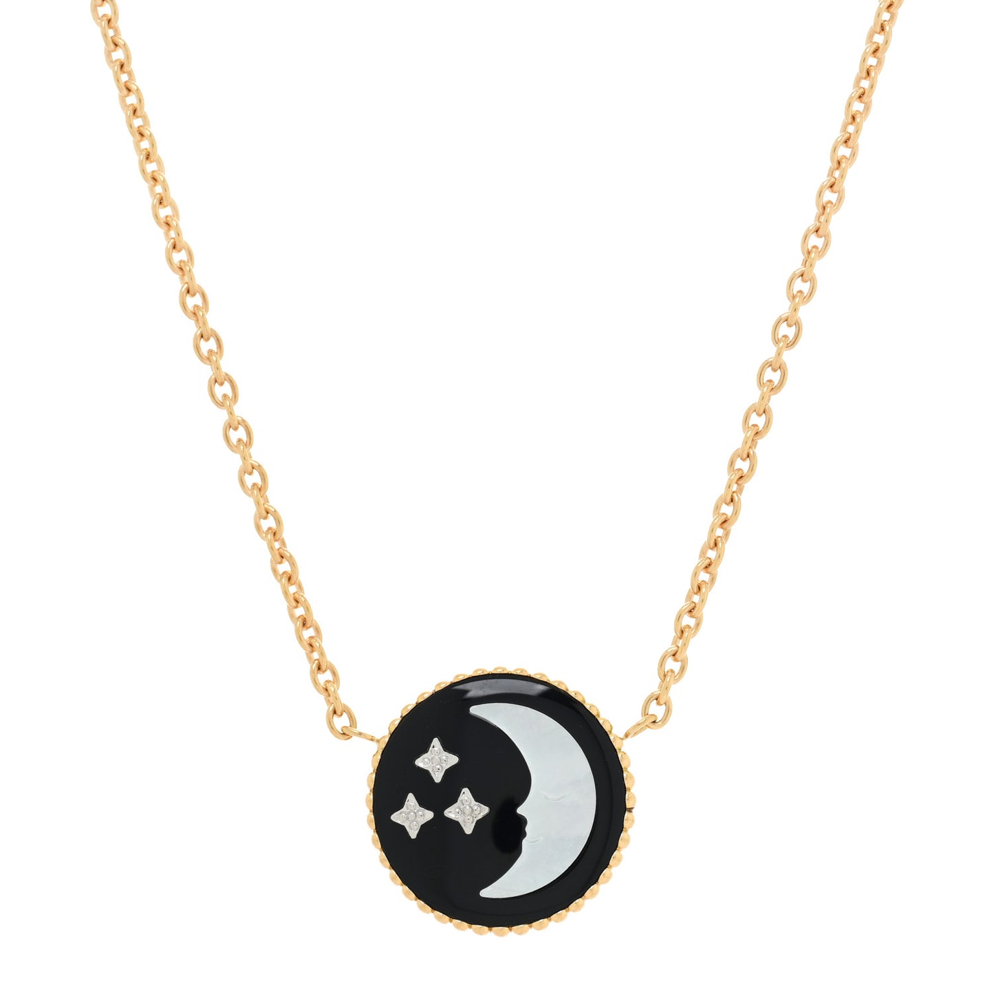 18K Yellow Gold Platinum Diamond Black Onyx Mother of Pearl Rose Celeste Pendant Necklace