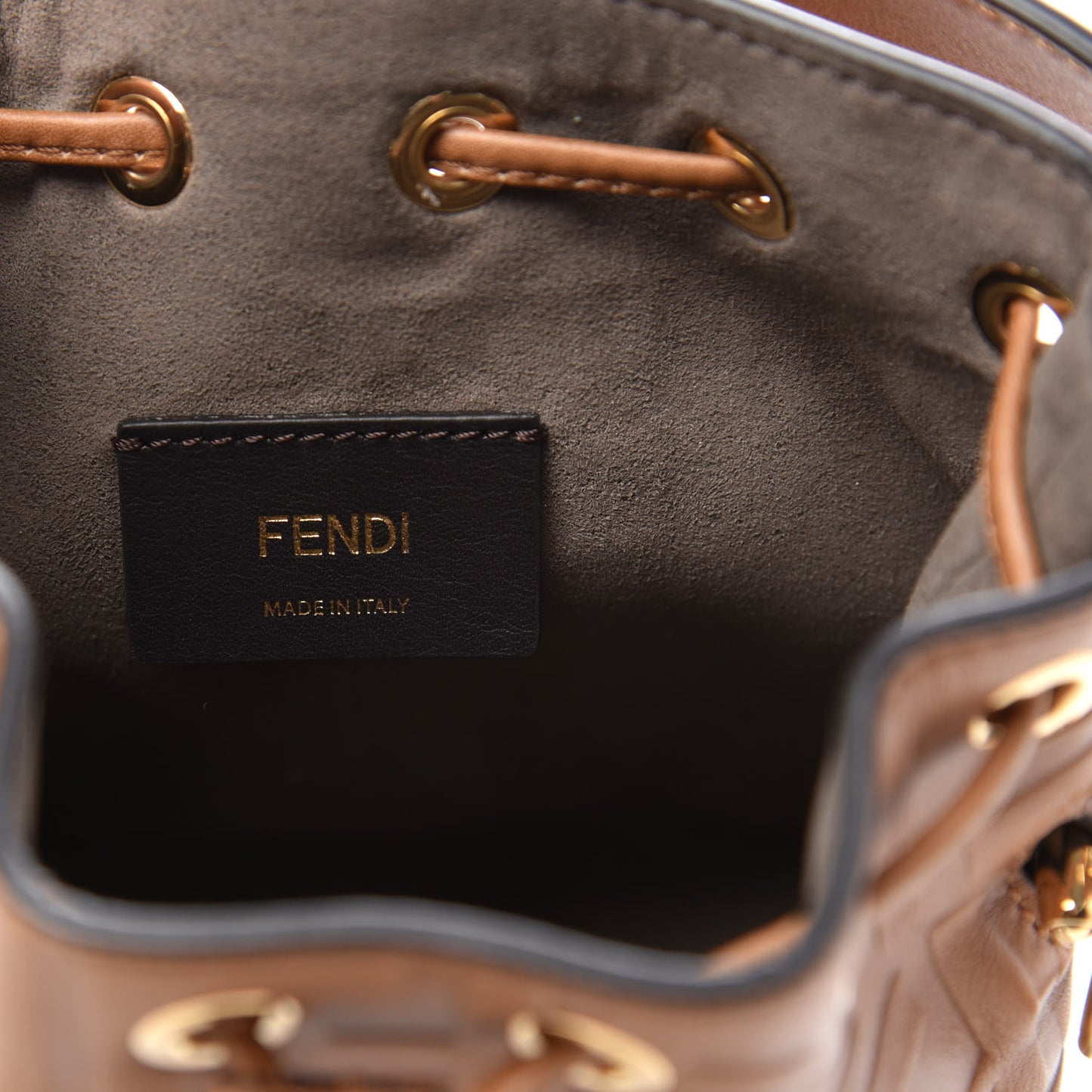 Vitello Cristallo Nature F is Fendi FF 1974 Embossed Mini Mon Tresor Bucket Bag Cuoio