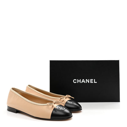 Chanel Lambskin Cap Toe CC Ballerina Flats 38 Beige Black 9 of 9