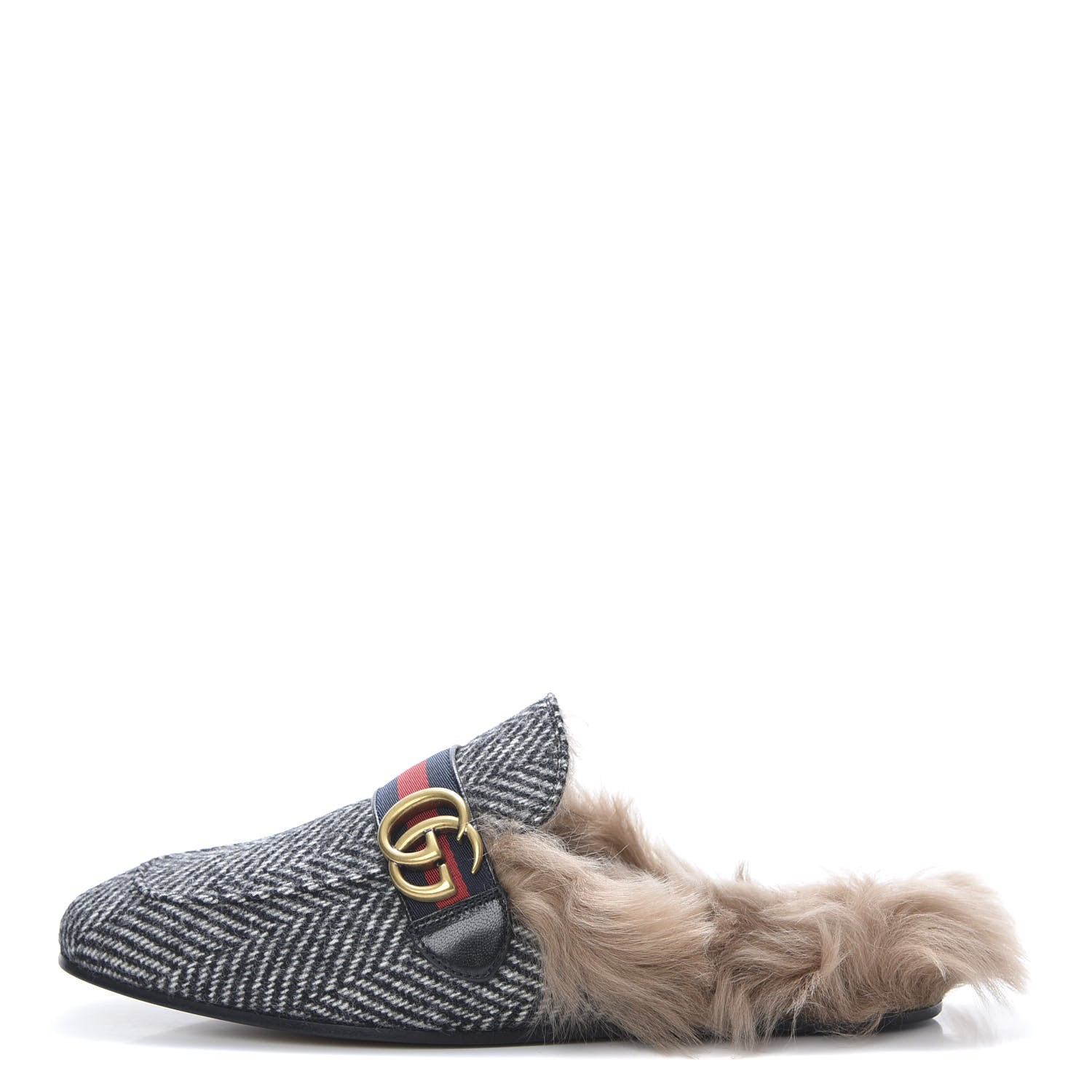 Gucci Herringbone Fur Web GG Mens Princetown Slippers 8 Black White 1 of 8