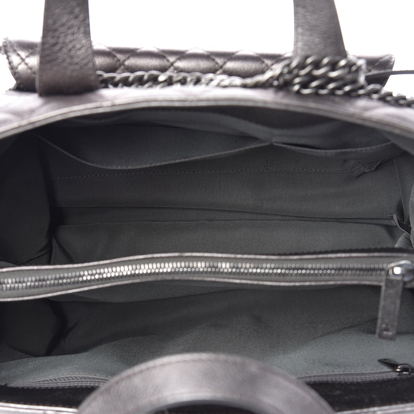 Metallic Grained Calfskin Quilted Large Casual Pocket Tote Silver