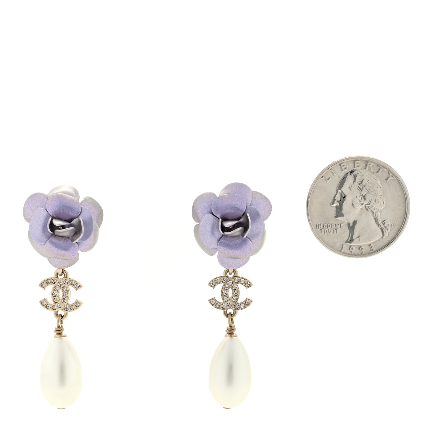 Metal Crystal Pearl 90s Camellia CC Drop Earrings Gold