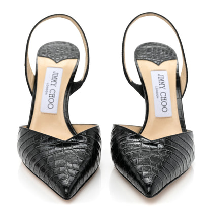 Jimmy Choo Calfskin Crocodile Embossed Thandi 100 Slingback Pumps 36.5 Black 2 of 10