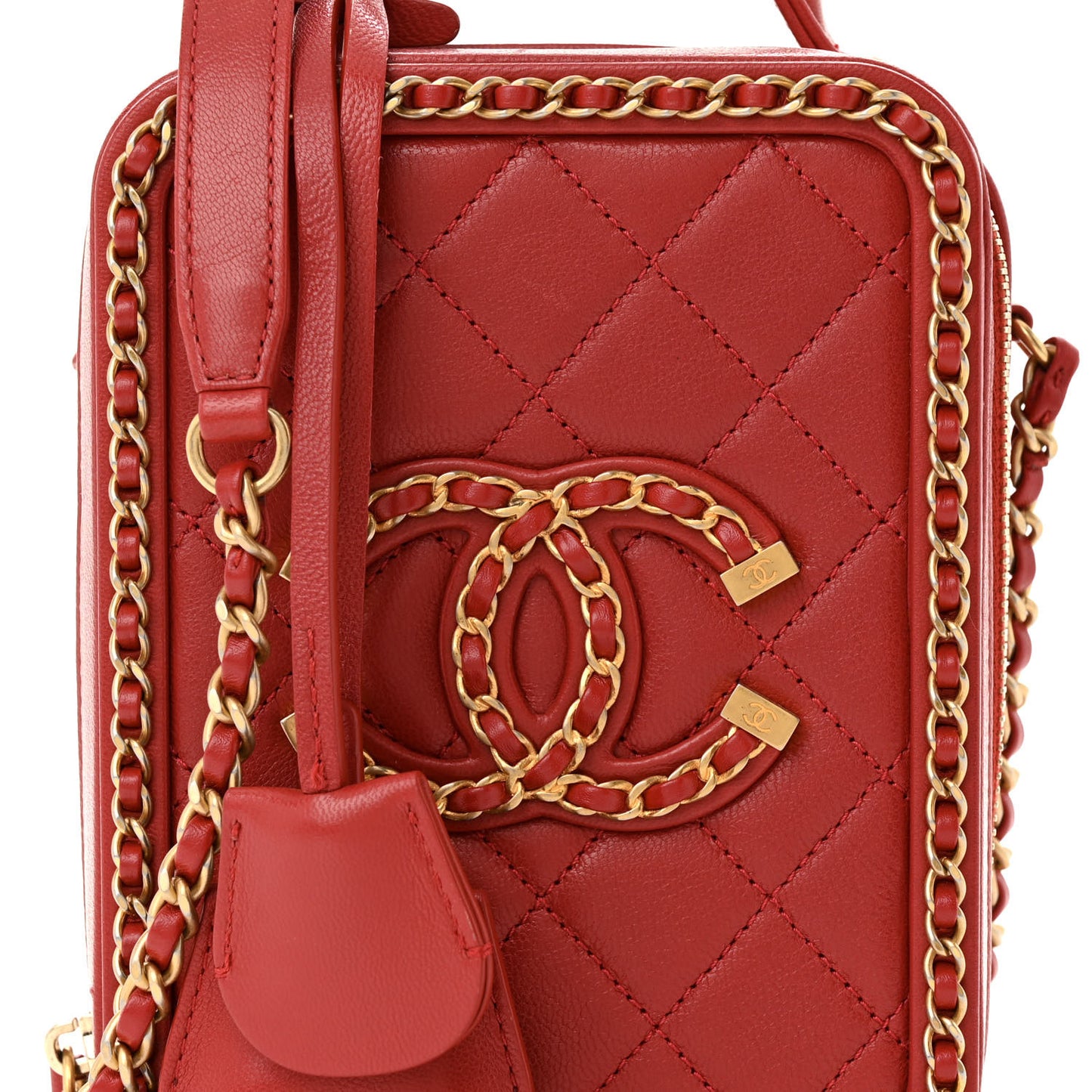 Goatskin Quilted Chain CC North South Filigree Vanity Case Red