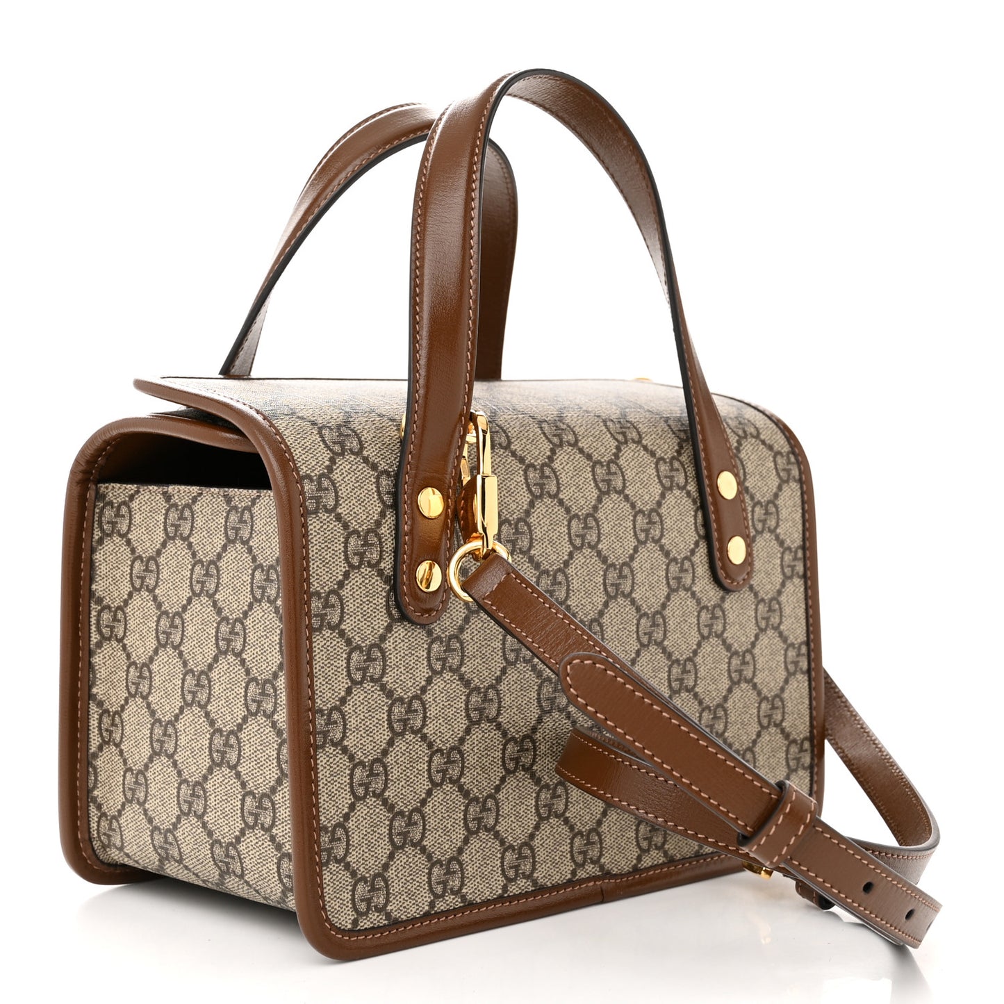 GG Supreme Monogram Azalea Calfskin Mini Horsebit 1955 Foldover Top Handle Bag Beige Ebony Brown Sugar