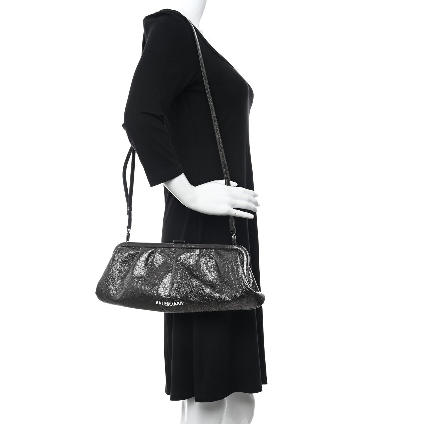 Metallic Textured Calfskin Logo XL Cloud Clutch Black