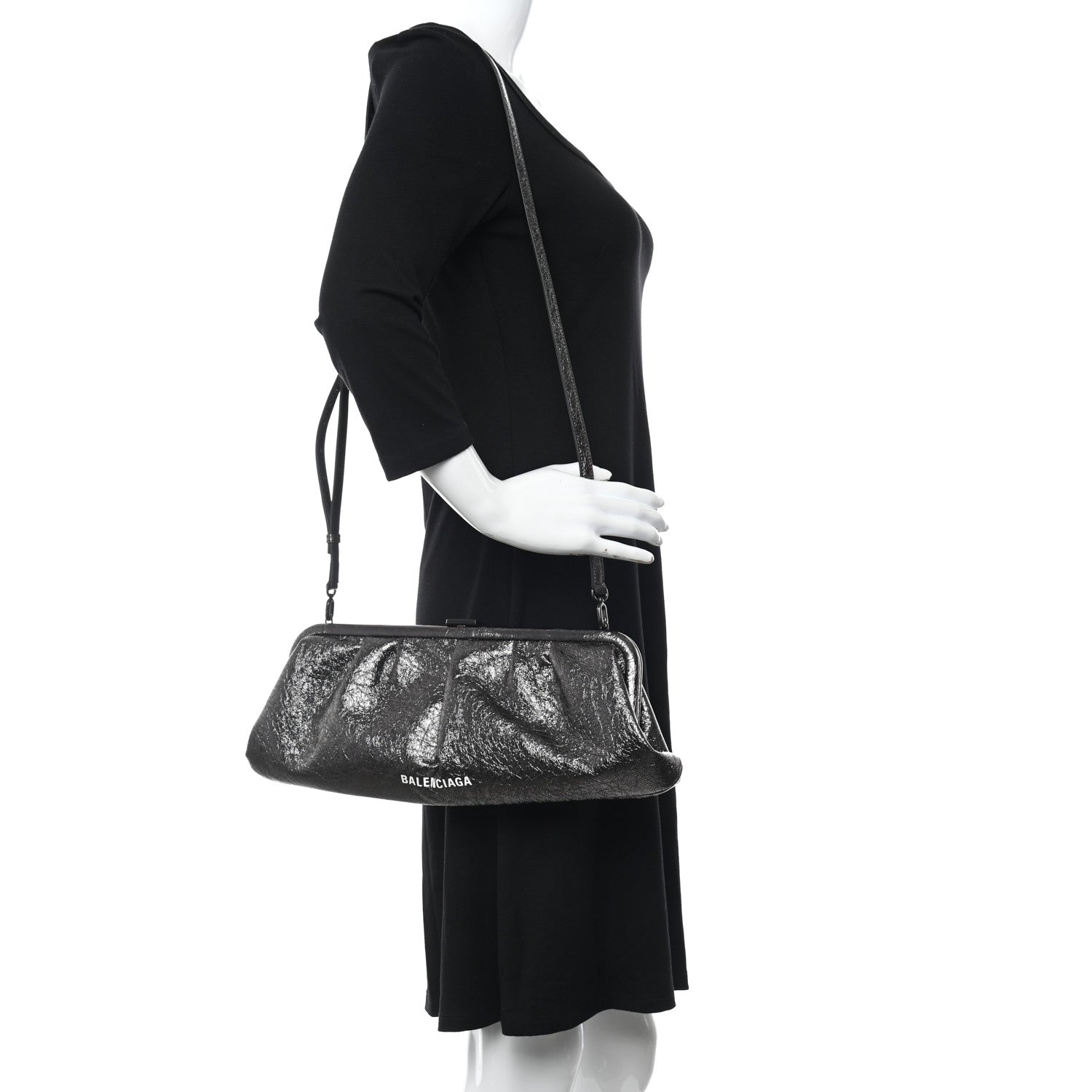 Balenciaga Metallic Textured Calfskin Logo XL Cloud Clutch Black 2 of 9