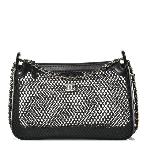 Mesh Shiny Lambskin Clutch With Chain  Black